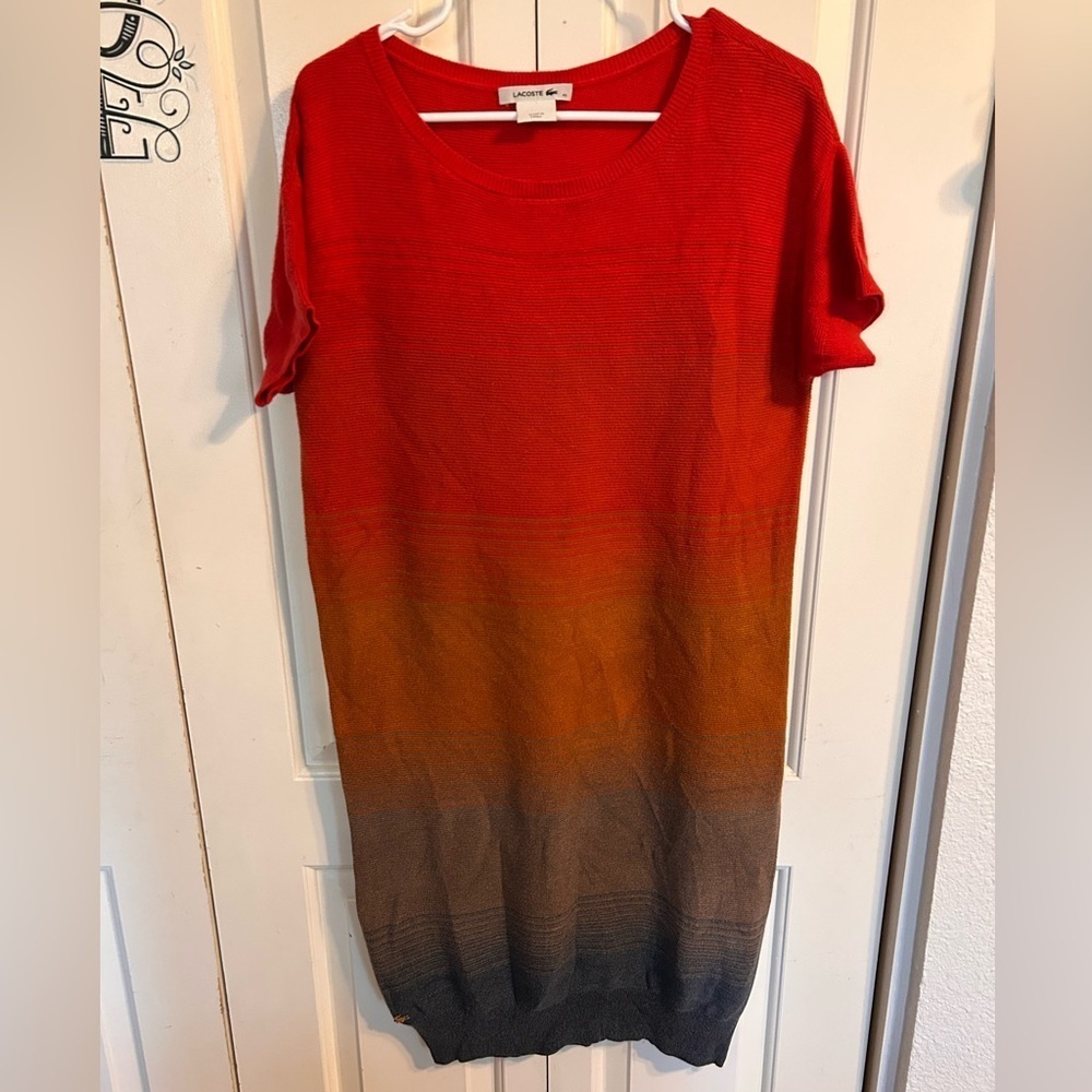 Lacoste Knit Sweater Dress Size 40/M Color Block Red Orange Short Sleeve